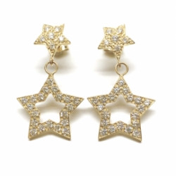 PENDIENTES ORO 18KT ESTRELLAS  DOBLES CON CIRCONITAS BLANCAS