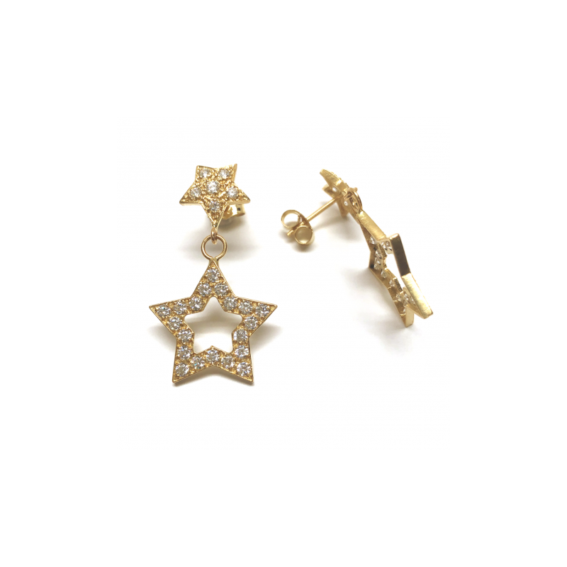 PENDIENTES ORO 18KT ESTRELLAS  DOBLES CON CIRCONITAS BLANCAS