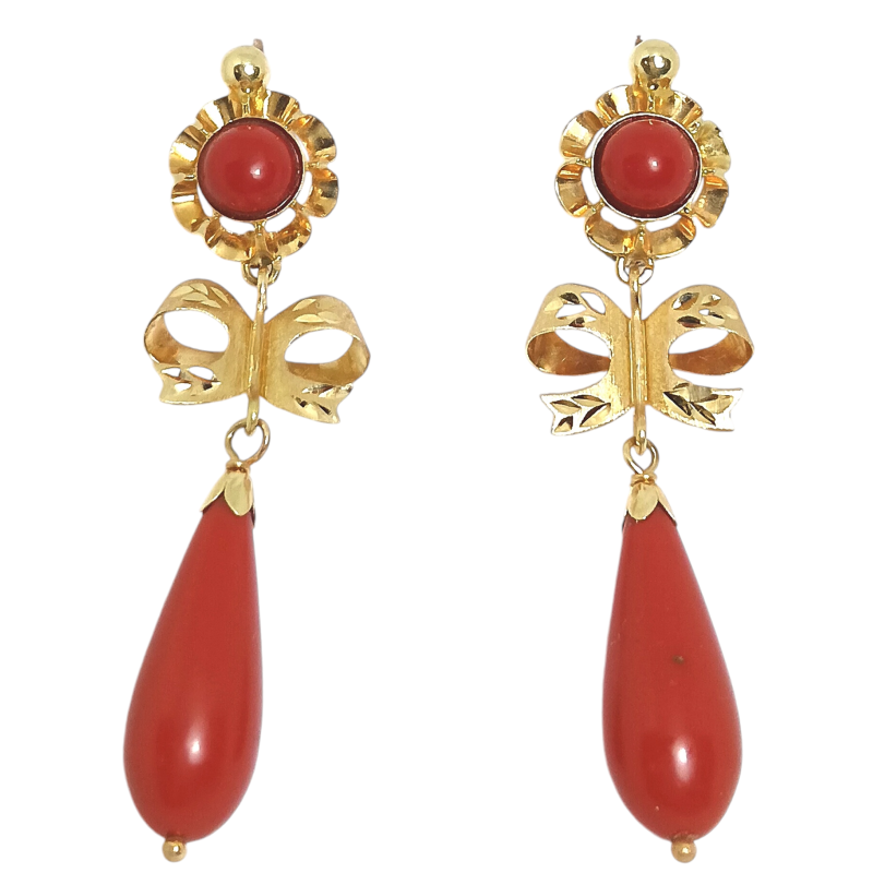 PENDIENTES ORO 18 QUILATES ARQUILO Y LAZO TALLADO CON LAGRIMA EN COLOR TURQUESA
