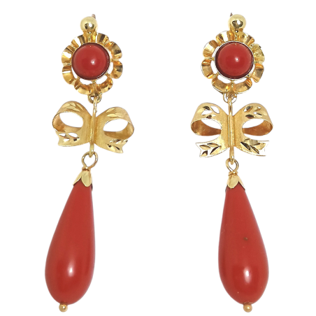 PENDIENTES ORO 18 QUILATES ARQUILO Y LAZO TALLADO CON LAGRIMA EN COLOR TURQUESA