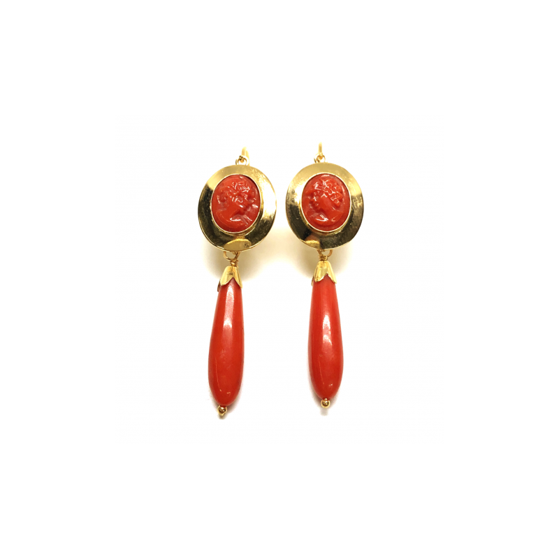 Pendientes oro  camafeo y lagrima de coral fino